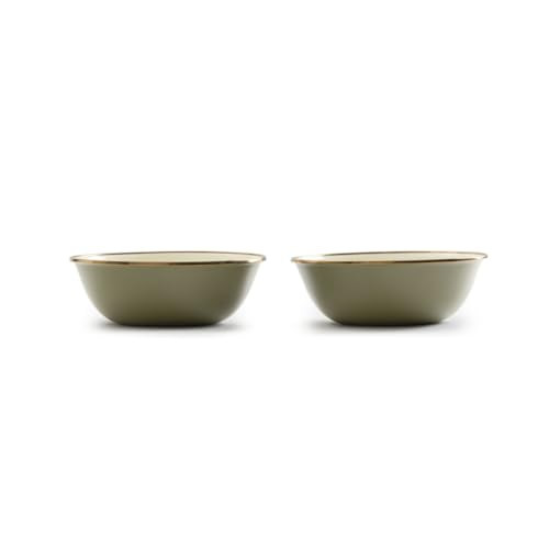 Barebones 2-Tone Bowls - Set of 2 Enamelware Bowls - Durable Kitchen or Camping Bowl (Olive Drab)