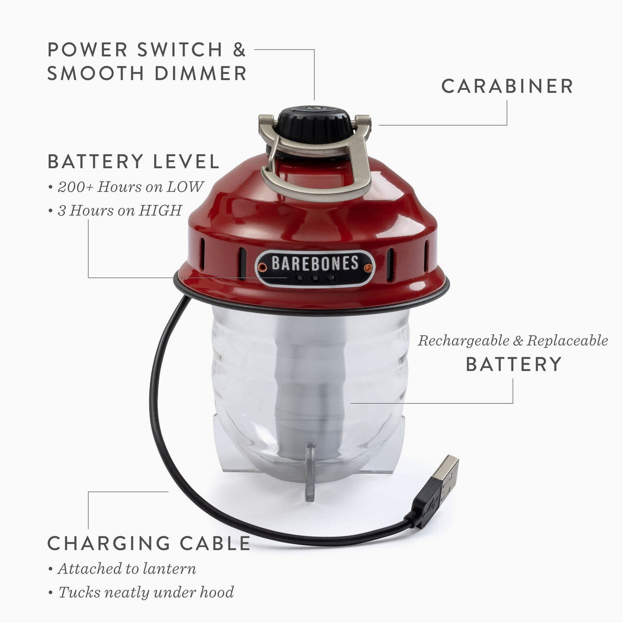 Barebones Beacon Hanging Light - USB Rechargeable Camping Lantern (Red)