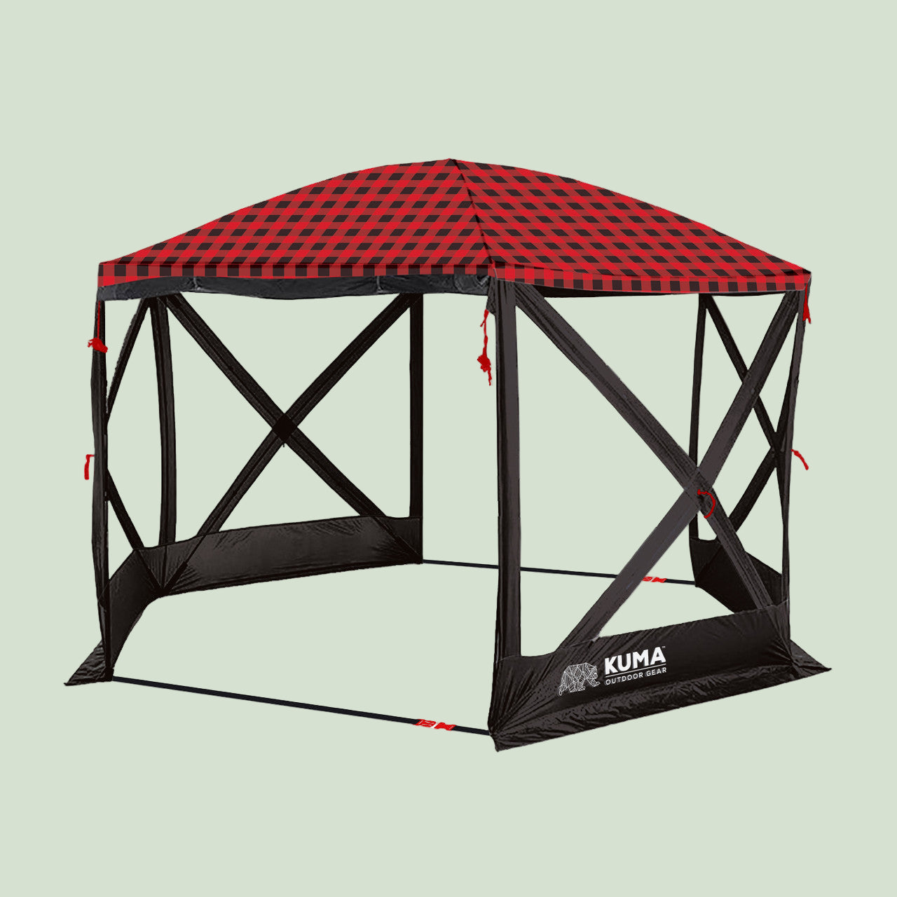 Outdoor canopy tent with red and black checkered roof on a white background