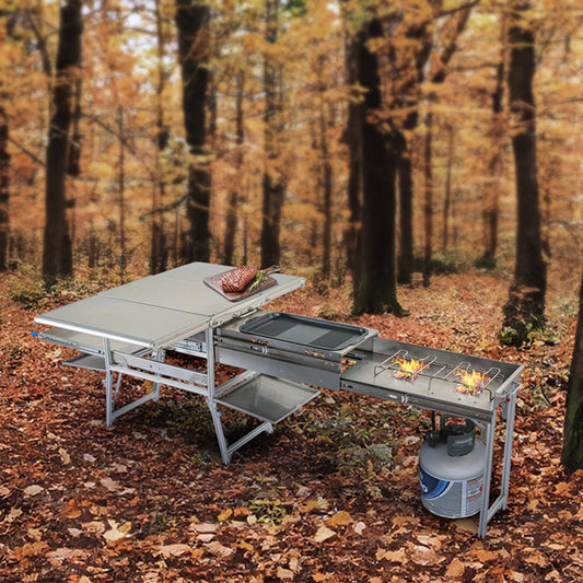 Komodo Camp Kitchen - Dual Grill, Skillet, Folding Shelves, and Rocket Tower - Stainless Steel
