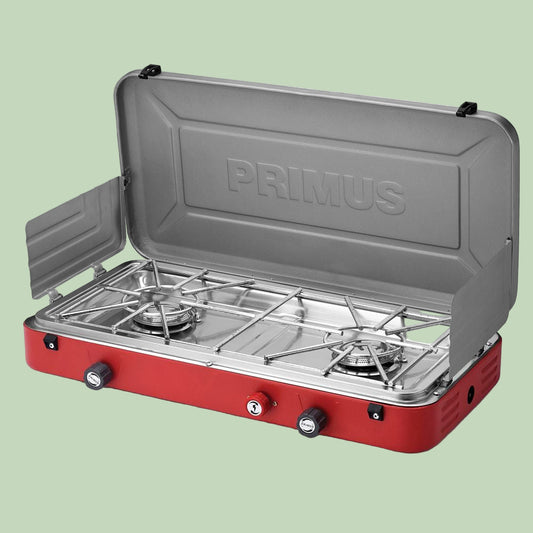 Primus camping stove with two burners on a white background