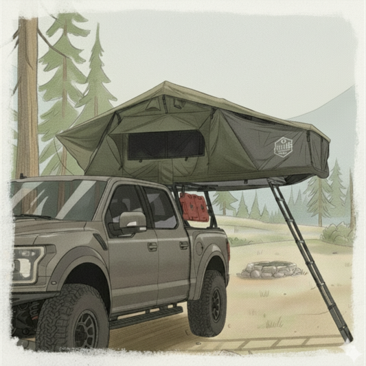 Illustration of a truck with a rooftop tent in a forest setting