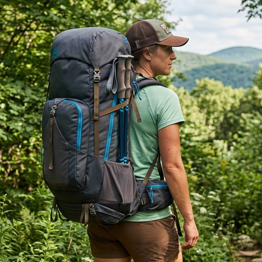 Person hiking in a forest with a large backpack