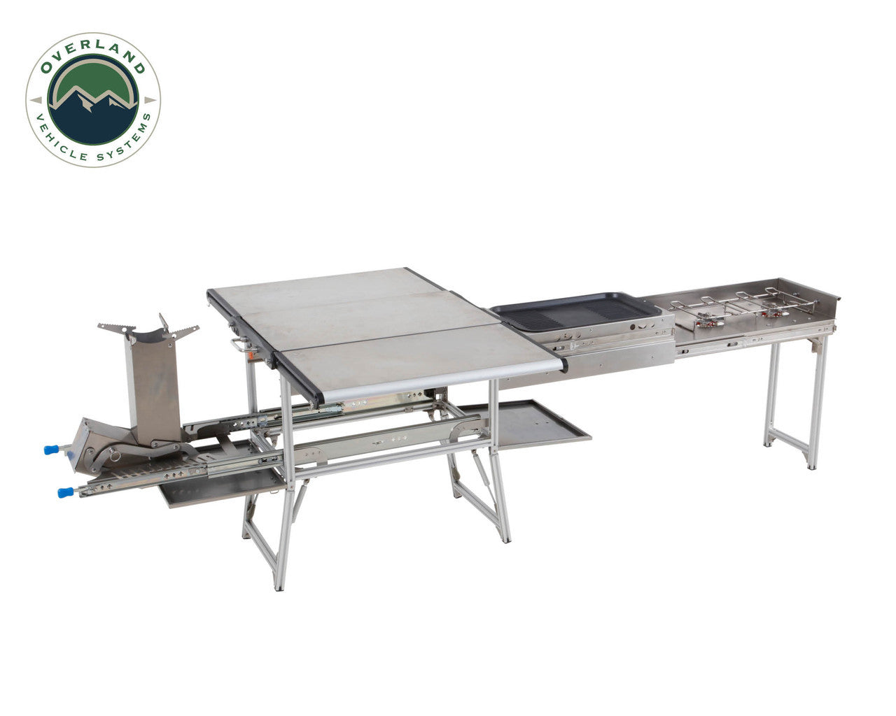 Komodo Camp Kitchen - Dual Grill, Skillet, Folding Shelves, and Rocket Tower - Stainless Steel