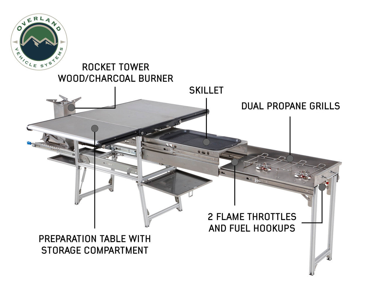 Komodo Camp Kitchen - Dual Grill, Skillet, Folding Shelves, and Rocket Tower - Stainless Steel