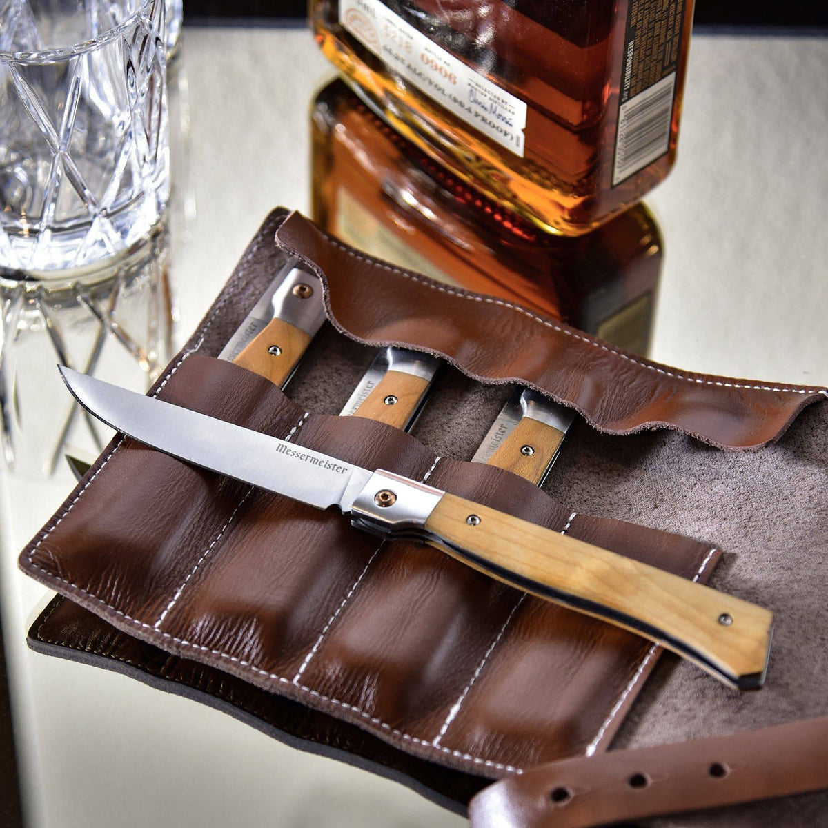 Folding Steak Knife Set in Leather Roll - 4 Piece
