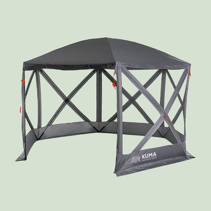Gray outdoor canopy tent with Kuma logo on a white background