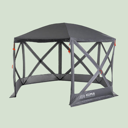 Gray outdoor canopy tent with Kuma logo on a white background