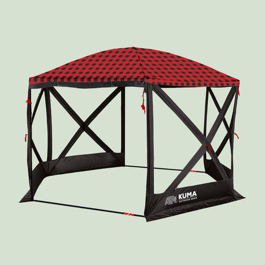 Outdoor canopy tent with red and black checkered roof on a white background